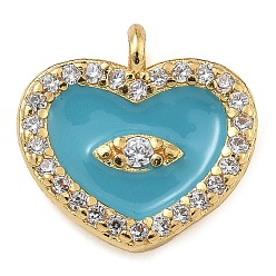 Темно-бирюзовый Стойка покрытие латунь микропаве прозрачный кубический цирконий с эмалевыми подвесками, долговечный, без свинца и без кадмия, реальный 18 k позолоченный, сердце с рисунком глаз, темные бирюзовый, 12x11.5x2 мм, отверстие : 1.2 мм
