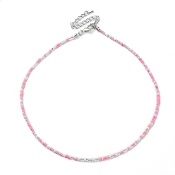 Pink Glass Beaded Necklace, with Alloy Clasps, Pink, 16.10 inch(40.9cm)