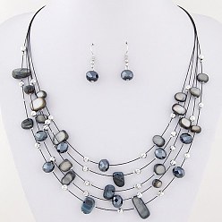 black Exaggerated Crystal Turquoise Shell Multi-layer Necklace Earring Set for Women