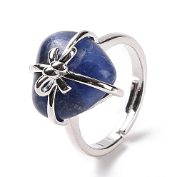 Содалитовое Сердце из натурального содалита с регулируемым кольцом с бантом, украшения из латунной проволоки для женщин, без кадмия и без свинца, платина, размер США 7 1/4~13 (17.5~22.3 мм)