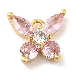 Pink Brass Micro Pave Cubic Zirconia  and Glass Pendants, Lead Free & Cadmium Free, Long-Lasting Plated, Real 18K Gold Plated, Butterfly, Pink, 9x10x3.5mm, Hole: 1.2mm