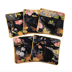 Noir En tissu carré rétro pochettes, avec pompon et motif fleuri, noir, 11.5x11.5 cm