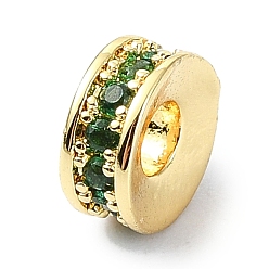 Green Rack Plating Brass Pave Cubic Zirconia Beads, Long-Lasting Plated, Lead Free & Cadmium Free, Real 18K Gold Plated, Flat Round, Green, 6x2.7mm, Hole: 2.2mm