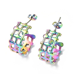 Rainbow Color Ионное покрытие (ip) 304 полые серьги-гвоздики c-образной формы из нержавеющей стали, полукруглые серьги для женщин, Радуга цветов, 21x10 мм, штифты : 0.8 мм
