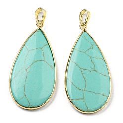Синтетическая Бирюза Синтетические бирюзовые подвески, Подвески-капли со стойкой, фурнитура из латуни золотистого цвета, 42.5x21x4.5~5 мм, отверстие : 7x4 мм