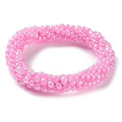 Hot Pink Crochet Glass Beads Braided Stretch Bracelet, Nepel Boho Style Bracelet, Hot Pink, Inner Diameter: 1-3/4 inch(4.5cm)