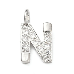 Letter N Латунные микропаве прозрачные подвески с фианитом, без кадмия и без свинца, долговечный, стойки покрытие, платина, Письмо N, 18x10.5x2.5 мм, отверстие : 2.5 мм