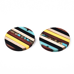 Yellow Transparent Resin & Walnut Wood Pendants, with Gold Foil, Flat Round Charm, Yellow, 30x3.5mm, Hole: 2mm