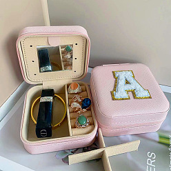 Letter A Letter Imitation Leather Jewelry Organizer Case with Mirror Inside, for Necklaces, Rings, Earrings and Pendants, Square, Pink, Letter A, 10x10x5.5cm