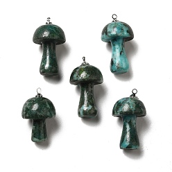 Dark Green Natural Quartz Pendants, Mushroom Charms, Dyed & Heated, with Platinum Plated Alloy Loops and Natural Opal , Dark Green, 25~30x16~16.5x16~16.5mm, Hole: 1.5~2mm