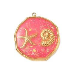 Светло-Вишневый 304 подвески из нержавеющей стали, эпоксидной смолы, с натуральными ракушками и пайетками внутри, плоские круглые подвески в форме морских звезд и ракушек, реальный 18 k позолоченный, вакуумное покрытие pvd, светло-вишневый, 28.5x26x3 мм, отверстие : 1.5 мм