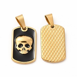 Golden Ion Plating(IP) 304 Stainless Steel Enamel Pendants, with 201 Stainless Steel Clasp, Rectangle with Skull, Golden, 26x16x3mm, Hole: 4x9mm
