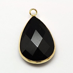 Black Golden Tone Brass Glass Teardrop Pendants, Faceted, Black, 18x10x5mm, Hole: 2mm