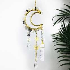 Tourmalinated Quartz Natural Tourmalinated Quartz Chip Wrapped Metal Moon Hanging Ornaments, Glass Teardrop & Butterfly Tassel Suncatchers for Home Outdoor Decoration, 250mm