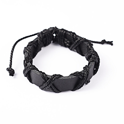 Black Adjustable Leather Cord Bracelets, with Waxed Cord, Black, 60~68mm