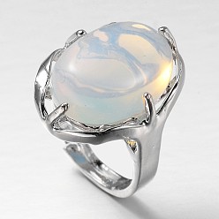 Opalite Adjustable Oval Gemstone Wide Band Rings, with Platinum Tone Brass Findings, US Size 7 1/4(17.5mm)