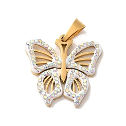 Golden Ion Plating(IP) 304 Stainless Steel Rhinestone Pendants, Hollow Butterfly Charms, Golden, 19.5x20x2mm, Hole: 6x3mm