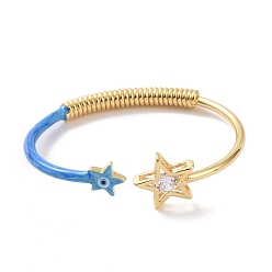 Dodger Blue Enamel Star with Evil Eye Open Cuff Bangle with Clear Cubic Zirconia, Real 18K Gold Plated Brass Jewelry for Women, Dodger Blue, Inner Diameter: 2-5/8 inch(6.6cm)