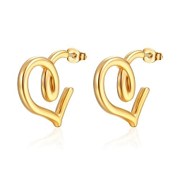 Golden 304 Stainless Steel Heart Stud  Earrings, Half Hoop Earrings, Golden, 22x20.5mm
