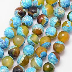 Cyan Natural Fire Crackle Agate Bead Strands, Round, Grade A, Faceted, Dyed & Heated, Cyan, 12mm, Hole: 1mm, about 32pcs/strand, 15 inch