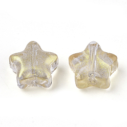 Pale Goldenrod Transparent Spray Painted Glass Beads, with Glitter Powder, Star, Pale Goldenrod, 8x8x4mm, Hole: 0.8~1mm