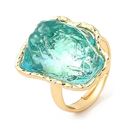 Средний Аквамарин Покрытие стойки латунное кольцо на палец, Регулируемые кольца из стекла в форме айсберга для женщин, долговечный, без кадмия и без свинца, реальный 18 k позолоченный, средний аквамарин, 1.5~3 мм, внутренний диаметр: 17.5~21 мм