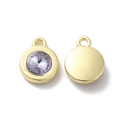 Lavender Alloy Pendant, with Glass, Light Gold, Lead Free & Cadmium Free, Falt Round Charm, Lavender, 12.5x10x4mm, Hole: 1.5mm