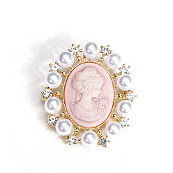 Pink Victorian Oval with Beauty Cameo Imitation Pearl Brooch, Light Gold Alloy Rhinestone Jewelry for Women's Coat, Pink, 44x34mm