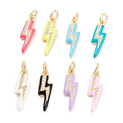 Mixed Color Brass Micro Pave Clear Cubic Zirconia Pendants, with Enamel & Jump Ring, Long-Lasting Plated, Lightning Bolt, Golden, Mixed Color, 19x5.5x2mm, Hole: 3.6mm