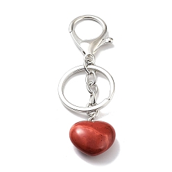 Piedra Roja Llavero de jaspe rojo natural, con llaveros divididos de hierro chapado en platino, corazón, 9~9.2 cm