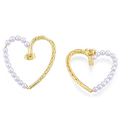 Настоящее золото 18K Латунная серьга-гвоздик в форме сердца для женщин, с жемчужными бусинами из абс-пластика, без никеля , реальный 18 k позолоченный, 31.5x30.5 мм, штифты : 0.7 мм