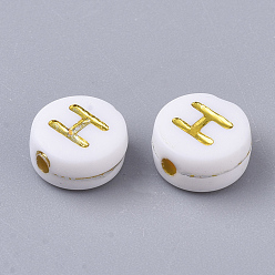 Letter H Plating Acrylic Beads, Golden Metal Enlaced, Horizontal Hole, Flat Round with Alphabet, White, Letter.H, 7x3.5mm, Hole: 1.2mm, about 3600pcs/500g