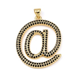Черный Латунные микро проложить кубического циркония подвески, @ форма, без кадмия и без свинца, стойки покрытие, долговечный, реальный 18 k позолоченный, чёрные, 30x24x3 мм, отверстие : 3.5x3 мм