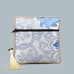WhiteSmoke Chinese Style Square Cloth Zipper Pouches, with Random Color Tassels and Auspicious Clouds Pattern, WhiteSmoke, 12~13x12~13cm