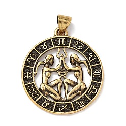 Близнецы Латунные подвески, стойки покрытие, плоские круглые с созвездием, без свинца и без кадмия, долговечный, Близнецы, 26x23.5x1.5 мм, отверстие : 3.8x3.4 мм