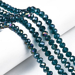 Teal Electroplate Glass Beads Strands, AB Color Plated, Faceted, Rondelle, Teal, 8x6mm, Hole: 1mm, about 65~68pcs/strand, 15.7~16.1 inch(40~41cm)