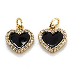 Black Brass Micro Pave Clear Cubic Zirconia Pendants, with Enamel, Real 18K Gold Plated, Long-Lasting Plated, Heart, Black, 12x11x2mm, Hole: 3.2mm