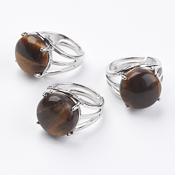 Tiger Eye Adjustable Natural Tiger Eye Finger Rings, with Brass Findings, US Size 7 1/4(17.5mm)