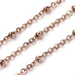 Rose Gold Ion Plating(IP) 304 Stainless Steel Cable Chains, Satellite Chains, with Round Beads, Soldered, with Spool, Flat Oval, Rose Gold, 3x1.9x0.5mm, about 32.8 Feet(10m)/roll
