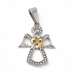 Golden & Stainless Steel Color Ion Plating(IP) 304 Stainless Steel Pendants, with Rhinestone, Angel Charm, Golden & Stainless Steel Color, 22.5x18x2mm, Hole: 7.5x3.5mm