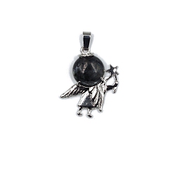 Larvikite Natural Larvikite Pendants, Antique Silver Plated Alloy Angel Charms, 36x28mm