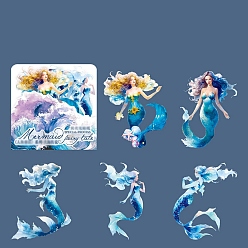Blue 5Pcs Beautiful Mermaid PET Adhesive Waterproof Stickers Set, for DIY Photo Album Diary Scrapbook Decorative, Blue, 100x100mm