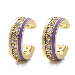 Лиловый C-образные латунные серьги-каффы с микропаве из кубического циркония, с эмалью, долговечный, без кадмия и без свинца, стойки покрытие, реальный 18 k позолоченный, сирень, 11x3.5x10 мм