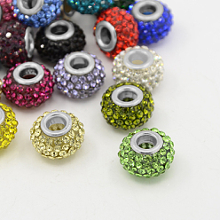 Mixed Color Resin Rhinestone European Beads, Large Hole Beads, Rondelle, Platinum Metal Color, Mixed Color, 15x10mm, Hole: 5mm