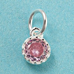 Pink 925 Sterling Silver Charms, with Cubic Zirconia, Faceted Flat Round, Silver, Pink, 7x5x2.5mm, Hole: 3mm