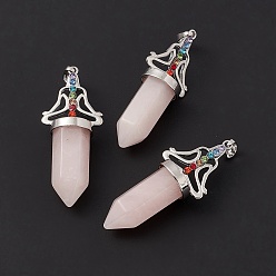 Rose Quartz Natural Rose Quartz Big Pendants, 7 Chakra Faceted Bullet Charms, with Platinum Plated Brass Findings and Colorful Rhinestone, Cadmium Free & Lead Free, 55x22.5x16mm, Hole: 8x5mm