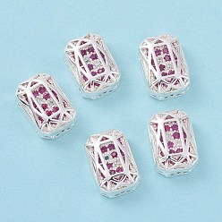 Medium Violet Red Eco-friendly Brass Micro Pave Cubic Zirconia Multi-strand Links, Rack Plating, Cadmium Free & Lead Free, Rectangle Octagon, Silver Color Plated, Medium Violet Red, 12x8x5mm, Hole: 1.2mm