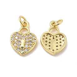 Real 18K Gold Plated Brass Micro Pave Clear Cubic Zirconia Pendants, with Jump Ring, Heart Lock Charm, Real 18K Gold Plated, 16x11x2.5mm, Hole: 3.5mm
