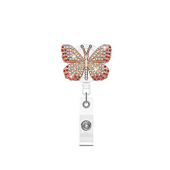 Light Siam Rhinestone Butterfly Retractable Badge Reel, Gold Plated Alloy ID Card Badge Holder with Iron Alligator Clips, for Nurses Students Teachers, Light Siam, 650x32mm