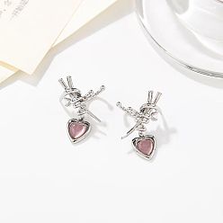 A high-end model of zirconium stone. Pink Cat Eye Heart-shaped Clip-on Earrings - Unique Design, Sophisticated, Ear Cuff, No Piercing.